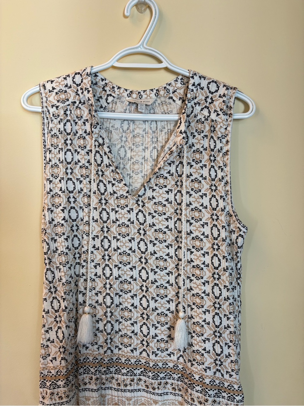 Lucky Brand Beige and Black Sleeveless Tassel V-Neck Tank